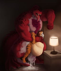 anthro arm_on_wall balls belly big_balls big_belly big_penis big_tail bloated bodily_fluids body_hair brown_hair butt claws cum cum_drip cum_from_mouth cum_from_nose cum_in_ass cum_in_mouth cum_in_nose cum_inflation cum_inside cum_on_balls cum_on_body cum_on_butt cum_on_ground cum_on_leg cum_on_penis cum_overflow cum_through dangling_legs digitigrade dripping duo excessive_cum excessive_genital_fluids fur furniture_lamp genital_fluids genitals hair hand_on_chest hand_on_wall held_by_chest held_up huge_balls huge_penis hyper hyper_balls hyper_genitalia hyper_inflation hyper_penis inflation lamp leaking_cum leaning_on_wall light_source male male/male muscular muscular_anthro muscular_male open_mouth orange_body orange_fur penetration penis red_body size_difference tail toe_claws tongue tongue_out alrezaham1 mythology alreza zartersus dragon felid mammal mythological_creature mythological_scalie pantherine scalie tiger absurd_res hi_res
