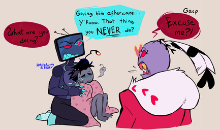 5_fingers aftercare anthro anthro_on_anthro bedding blanket blue_claws blue_clothing blue_footwear blue_nipples blue_socks cheek_fins claws clothed clothing dialogue electronics finger_claws fingers footwear for_a_head frown gold_(metal) gold_tooth grey_body grey_scales humanoid_on_anthro jacket male male/male nipples onomatopoeia red_clothing red_jacket red_topwear scales screen screen_face socks sound_effects speech_bubble television text topless topwear towel nebulabunny hazbin_hotel hellaverse baxter_(hazbin_hotel) valentino_(hazbin_hotel) vox_(hazbin_hotel) anglerfish aquatic demon fish humanoid object_head screen_head tv_head 2025 english_text hi_res trans_(lore) trans_man_(lore)
