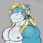 anthro blonde_hair blue_body blue_eyes hair long_hair male muscular nipples pecs solo shirou_muffin mythology brendan_aki dragon mythological_creature mythological_scalie scalie himbo 1:1 hi_res sketch