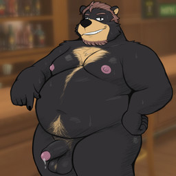 alternate_species anthro balls belly big_belly biped black_body black_fur bodily_fluids fur genital_fluids genitals humanoid_genitalia humanoid_hands humanoid_penis male mature_male moobs navel nipples overweight overweight_male penis precum solo sweat smush-sin stardew_valley andy_(stardew_valley) bear mammal 1:1 2026 hi_res