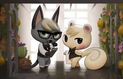 anthro bottomless chibi clothed clothing detailed_background duo eyewear flower glasses hair heterochromia holding_object male on_model open_mouth plant tongue inkune animal_crossing nintendo marshal_(animal_crossing) raymond_(animal_crossing) domestic_cat felid feline felis grey_squirrel mammal rodent sciurid tree_squirrel 2021 hi_res
