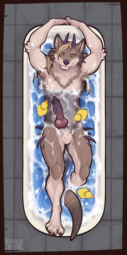 animal_genitalia anthro balls biped claws erection feet fingers fur genitals hair horn inside knot looking_at_viewer male navel nude nude_anthro nude_male penis sheath smile solo tail toes water wet clyde_wolf canid canine mammal 2026 absurd_res digital_drawing_(artwork) digital_media_(artwork) hi_res