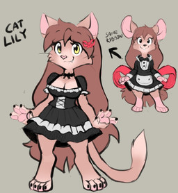 after_transformation anthro big_breasts big_eyes bow_ribbon bow_tie breasts buckteeth cat_tail claws clothed clothing dress fangs female finger_claws hair introduction jewelry long_hair maid_uniform pawpads paws servant small_breasts solo species_transformation tail teeth toe_claws transformation uniform whiskers muhny lily_(muhny) domestic_cat felid feline felis mammal mouse murid murine rodent concept_art model_sheet