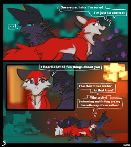 black_body black_fur black_nose blue_eyes dialogue female feral fur green_eyes male red_body red_fur text hyilpi microsoft minecraft mojang xbox_game_studios endy_(hyilpi) vixy_(hyilpi) canid canine fox mammal comic english_text