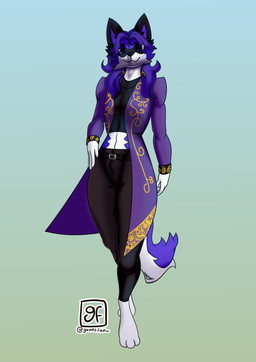 anthro black_body black_clothing black_fur blue_eyes clothing freckles fur hair male markings multicolored_body multicolored_fur paws purple_body purple_clothing purple_fur purple_hair purple_tail smile solo tail two_tone_body two_tone_fur two_tone_tail white_body white_fur white_tail yellow_clothing gamesfan canid canine fox mammal absurd_res hi_res