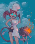 anthro apron bodily_fluids bottomwear chef_hat clothing female fire gesture green_eyes grilling hair hand_gesture hat headgear headwear pink_hair shirt shorts solo sweat tail tank_top thumbs_up topwear soaphisoap soaphi_(soaphisoap) domestic_cat felid feline felis mammal hi_res