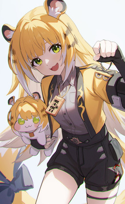 animal_ears belt black_clothing blonde_hair clothed clothing female fluffy green_eyes hair jacket looking_at_viewer open_clothing open_jacket open_mouth open_topwear orange_hair plushie solo striped_hair tail topwear white_hair shali mihoyo zenless_zone_zero ju_fufu animal_humanoid felid felid_humanoid humanoid mammal mammal_humanoid pantherine pantherine_humanoid thiren tiger_humanoid absurd_res hi_res