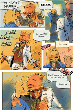 anthro biped clothing dialogue duo eyewear freckled_face freckles fur furniture glasses male orange_body orange_fur photo sofa suit text wearing_glasses yellow_body yellow_fur frune_ei01 dog_man_(series) dog_man_(character) petey_the_cat canid canine canis domestic_cat domestic_dog felid feline felis mammal 2025 comic english_text hi_res