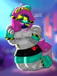 anthro blurred_background female green_body hair heart_eyes heart_symbol metallic_fur pink_hair pose sex_robot slightly_chubby slightly_chubby_female solo text shizadoodleik-22 shiza_(shizadoodleik-22) 3:4 colored english_text hi_res pinup signature