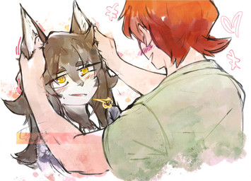 anthro clothed clothing duo ear_grab eyebrows fingernails fingers fur green_clothing green_topwear hair hand_on_ears looking_at_viewer nails open_mouth topwear yellow_eyes thwillartz canid canine human mammal hi_res