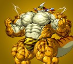 abs accessory anthro big_bulge big_muscles big_pecs big_tail bodily_fluids brown_body bulge clothing deltoids gold_body growth growth_lines hair head_tuft headband headdress huge_bulge huge_muscles huge_pecs huge_tail huge_thighs hyper hyper_bulge hyper_deltoids hyper_muscles hyper_pecs hyper_tail hyper_thighs hyper_triceps implied_erection latissimus_dorsi male manly muscle_growth muscular pale_body pale_countershading pecs quads simple_background solo speedo spiked_tail spikes spikes_(anatomy) striped_body stripes sweat swimwear tail thick_thighs trapezius tuft underwear_ring vein veiny_muscles white_hair yellow_clothing kuroma deed_(kuroma) lizard reptile scalie