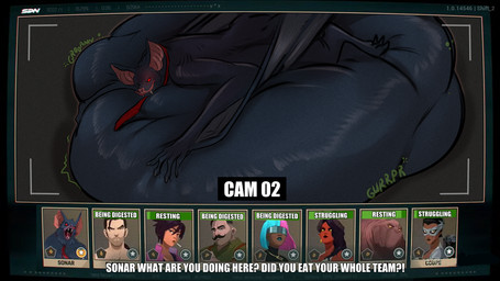 abdominal_bulge anthro belly big_belly black_body black_fur digestion fangs female fur hand_on_belly huge_belly hyper hyper_belly licking licking_lips lying male membrane_(anatomy) membranous_wings multiple_prey necktie on_front red_eyes resting_on_belly rumbling_stomach security_footage smile soft_vore solo teeth text tongue tongue_out vore wings roobin dispatch coupe_(dispatch) flambae_(dispatch) golem_(dispatch) invisigal_(dispatch) malevola_gibb prism_(dispatch) punch_up_(dispatch) sonar_(dispatch) bat demon human humanoid mammal 2025 english_text hi_res impact_(font)
