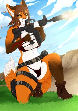 amber_eyes anthro biped boots bra breasts cleavage clothed clothing colt_723 female footwear kneeling shoes silencer solo sun thong underwear young lovepuma69 canid canine fox mammal 2017 hi_res