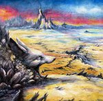 ambiguous_gender anthro cloud desert mountain rock ruins sculpture statue zero_pictured elkir canid canine fennec_fox fox mammal true_fox 2021 painting_(artwork) tagme traditional_media_(artwork) warm_colors watercolor_(artwork)