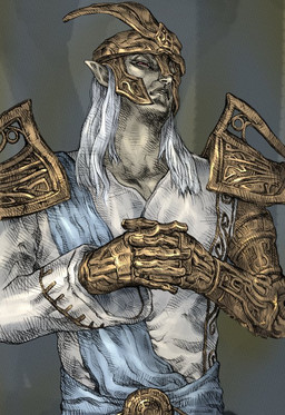 armor clothed clothing hair hat headgear headwear helmet male not_furry red_eyes solo white_hair tomato_(artist) bethesda_game_studios microsoft the_elder_scrolls the_elder_scrolls_online sotha_sil chimer_(the_elder_scrolls) deity dunmer elf humanoid