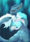 2018 absurd_res anthro blep blue_body blue_eyes blue_fur dated digital_media_(artwork) elemental_manipulation fenril_(spicy_flakes) frost_jeckals_(huf13) fur gradient_background hi_res ice_manipulation looking_at_viewer male markings neck_tuft siggi_(artist) signature simple_background solo tail tail_tuft thigh_up tongue tongue_out tuft white_tongue