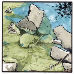 black_outline boulder day detailed_background nature outline outside river rock stick water zero_pictured falseknees 1:1 2018 painting_(artwork) traditional_media_(artwork) traditional_painting_(artwork) traditional_watercolor_(artwork) watercolor_(artwork)