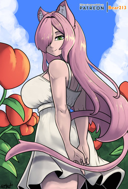 big_breasts breasts cat_tail clothing dress female flower hair hands_behind_back huge_breasts outside pink_hair plant pointy_ears small_waist smile solo sundress bear213 animal_humanoid cat_humanoid felid felid_humanoid feline feline_humanoid humanoid mammal mammal_humanoid hi_res