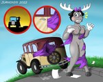 accident accidental_exposure anthro car classic_car clothing embarrassed female nude shy solo toony vehicle wardrobe_malfunction juanonyx deer mammal moose new_world_deer hi_res