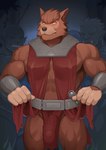 5_fingers anthro biped blush brown_body brown_fur bulge fingers fur group horn humanoid_pointy_ears male muscular muscular_anthro muscular_male pointy_ears solo_focus tusks mumu202 canid canine canis horned_humanoid humanoid mammal wolf