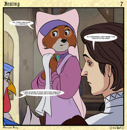 alternative_fashion anthro asking asking_another beak border brooch cheek_tuft classic_lolita clothed clothed_anthro clothed_female clothed_human clothed_male clothing countershade_face countershade_fur countershading dialogue eyebrows eyelashes facial_tuft feather_hands feathers female female_anthro fully_clothed fully_clothed_anthro fully_clothed_female fur group headdress holding_needle holding_object holding_sewing_needle holding_towel iris j-fashion light_body light_skin lolita_(fashion) male male_human narrowed_eyes needle_and_thread on_model open_beak open_mouth page_number pupils sewing_needle shirt sitting snout speech_bubble standing talking_to_another text title topwear towel trio tuft white_clothing white_shirt white_topwear white_towel wimple yellow_sclera sir_paulus disney robin_hood_(disney) lady_kluck maid_marian pavel_(sir_paulus) avian bird canid canine canis chicken fox galliform human mammal phasianid artist_name comic english_text hi_res