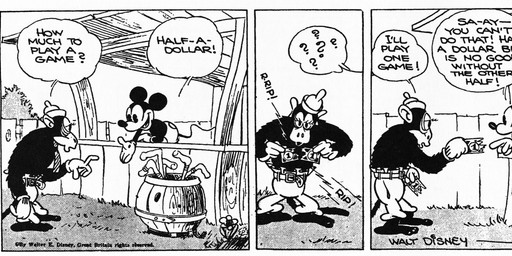 4_fingers anthro bottomwear clothed clothing dialogue duo female fingers fur gloves half-closed_eyes handwear hat headgear headwear male money motion_lines narrowed_eyes pants speech_bubble standing text floyd_gottfredson hardie_gramatky disney public_domain mickey_mouse ape domestic_cat felid feline felis haplorhine mammal mouse murid murine primate rodent 1930 20th_century absurd_res ancient_art comic english_text hi_res long_image monochrome signature wide_image