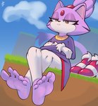 5_toes anthro barefoot bottomwear clothed clothing feet female fingers foot_focus footwear fur gloves grumpy hair handwear headgear headwear humanoid_feet looking_at_viewer plantigrade purple_body purple_fur shoe_removal shoes soles solo tail toes topwear conditional_dnp joooji sega sonic_the_hedgehog_(series) blaze_the_cat domestic_cat eulipotyphlan felid feline felis mammal digital_media_(artwork) hi_res