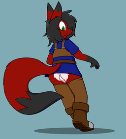 anthro backsack balls boots clothing fantasy femboy footwear genitals leggings legwear male rear_view shirt shoes solo standing surprised topwear tunic nightfire cyrus_nightfire canid canine fox mammal