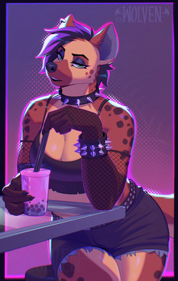 5_fingers anthro armwear belt beverage black_nose bottomwear bracelet breasts brown_body brown_fur bubble_tea claws cleavage clothed clothing collar container cup earrings_only elbow_on_table female finger_claws fingers fishnet_armwear fishnet_bridal_gauntlets fishnet_clothing fur furniture glass_table hair hotpants jewelry markings narrowed_eyes shirt short_hair shorts sitting solo spiked_bracelet spiked_collar spikes spots spotted_body studded_belt studs table tank_top topwear itswolven hyena mammal spotted_hyena hi_res
