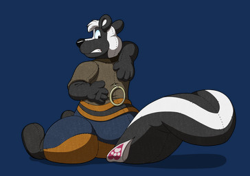 anthro male plushie reaching_back solo worried kitsunekit pete_(skunk) mammal mephitid skunk alpha_channel