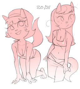 all_fours anthro bodily_fluids bottomwear bottomwear_down bra breasts cleavage clothed clothing female hair_down midriff navel panties pants pants_down partially_clothed simple_background smile solo sweat underwear undressing white_background dbaru nickelodeon t.u.f.f._puppy kitty_katswell domestic_cat felid feline felis mammal 2026 dated
