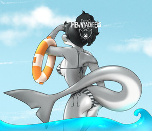 anthro bikini breasts butt clothed clothing female fin grey_body hair life_preserver looking_away pattern_clothing pattern_swimwear raised_tail rear_view sea seawater side_boob solo striped_clothing striped_swimwear stripes swimwear tail two-piece_swimsuit updo water mewnya_cheeks aquatic fish mammal shark