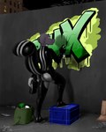 anthro bag biped butt clothing graffiti holding_object latex latex_clothing latex_skinsuit male paint rubber_clothing skinsuit smile solo spray_paint standing tight_clothing suule reptile scalie 2022 4:5 absurd_res hi_res