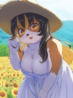 4_fingers anthro big_breasts black_hair black_nose blonde_hair bow_ribbon breasts brown_eyes claws cleavage clothed clothing detailed_background dress ears_through_headwear eyebrow_through_hair eyebrows eyelashes female finger_claws fingers flower flower_field forest front_view fur gloves_(marking) hair hat headgear headwear leaning leaning_forward looking_at_viewer markings multicolored_body multicolored_eyes multicolored_fur multicolored_hair open_mouth orange_body orange_eyes orange_fur pawpads plant smile snout solo sun_hat sunflower translucent translucent_hair tree white_body white_clothing white_dress white_fur tatumi079 chunithm chunithm_luminous sega sega_fave inuko_mimimi_(sega) canid canine canis domestic_dog mammal 2025 hi_res portrait signature three-quarter_portrait