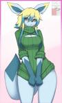 anthro anthrofied blonde_hair blue_hair blush bottomless breasts cleavage cleavage_cutout clothed clothing cutout ear_piercing eyewear female glasses green_clothing green_eyes green_sweater green_topwear hair jewelry keyhole_turtleneck multicolored_hair piercing pokemorph ribbed_clothing ribbed_sweater short_hair silver_(metal) silver_ear_ring silver_jewelry simple_background solo sweater topwear turtleneck two_tone_hair white_background redwolfxiii nintendo pokemon fan_character zelda_(winged_leafeon) eeveelution generation_4_pokemon glaceon pokemon_(species) 3:5 hi_res