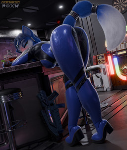 anthro ass_up bent_over bent_over_counter blue_clothing blue_ears blue_eyes blue_hair blue_tail blush boots breasts bubble butt clothed clothing drunk drunk_bubble female footwear hair inside looking_at_viewer looking_back looking_back_at_viewer raised_tail shoes substance_intoxication tail yamimarik1994 jacob_lhh3_(modeler) nintendo star_fox krystal_(star_fox) canid canine fox mammal 3d_(artwork) absurd_res digital_media_(artwork) hi_res huge_filesize