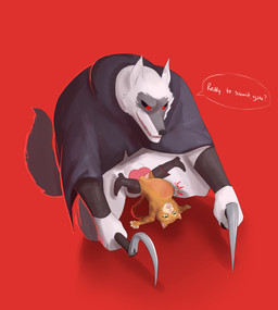 abdominal_bulge anal anal_penetration animal_genitalia animal_penis anthro balls belly_blush blush bodily_fluids body_blush boots bottomless canine_genitalia canine_penis cheek_tuft claws cloak clothed clothing crouching crying deep_penetration dialogue dominant dual_wielding duo emanata eye_roll facial_markings facial_tuft feline_genitalia feline_penis footwear footwear_only fur fuzzy genitals glowing glowing_eyes green_eyes grin head_markings holding_object holding_weapon huge_penetration knot larger_dom legs_up living_condom looking_at_another looking_at_partner looking_down lying male male/male markings mask_(marking) mostly_nude motion_lines narrowed_eyes on_back open_mouth orange_body orange_fur overwhelmed partially_clothed penetration penile penile_penetration penis poncho questionable_consent red_background red_eyes ridiculous_fit sex sharp_teeth shoes shoes_only sickle simple_background size_difference smaller_penetrated smile speech_bubble spread_legs spreading tears teeth text tongue tongue_out too_big tuft undersized_oral weapon white_body white_fur thedivinetemple dreamworks puss_in_boots_(franchise) death_(puss_in_boots) puss_in_boots_(dreamworks) canid canine canis domestic_cat felid feline felis mammal wolf english_text hi_res spanish_text translated