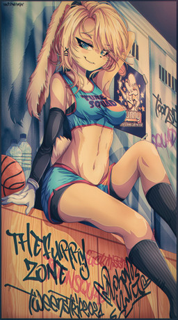 anthro armwear ball basketball_(ball) basketball_uniform black_nose blonde_hair blue_eyes bottle bottomwear breasts clothing container detailed_background dolphin_shorts eyebrows eyelashes female footwear gloves graffiti hair hand_behind_head handwear legwear locker locker_room long_ears long_hair looking_at_viewer narrowed_eyes navel open_mouth ponytail poster raised_arm shirt shorts sitting socks solo sportswear tail tan_body tank_top topwear tune_squad_outfit tune_squad_outfit_(2021) underwear uniform water_bottle conditional_dnp tweenstrip looney_tunes space_jam space_jam:_a_new_legacy warner_brothers lola_bunny lagomorph leporid mammal rabbit 2021 absurd_res hi_res watermark