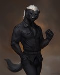 anthro black_nose black_sclera blue_eyes bottomwear clothed clothing dark_bottomwear dark_topwear fur glistening glistening_eyes grey_body grey_bottomwear grey_clothing grey_fur grey_pants grey_topwear looking_at_viewer male open_clothing open_topwear pants simple_background smile solo standing topwear white_body white_fur lostgoose badger honey_badger mammal mustelid musteline 2023 4:5 dated hi_res portrait signature three-quarter_portrait