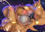 anthro balls belly big_belly bodily_fluids brown_body brown_eyes cosmic_background cum cum_on_balls cum_on_penis cumshot ear_piercing ear_ring ejaculation genital_fluids genitals internal male muscular muscular_anthro muscular_male narrowed_eyes nipple_piercing nipple_ring nipples nude object_vore open_mouth pecs penis piercing pink_nipples planet_vore ring_piercing solo space space_background tongue tongue_out vore famir canid canine canis domestic_dog mammal absurd_res hi_res