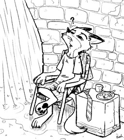 3_toes 4_fingers anthro barefoot biped bodily_fluids bottomwear box brick_wall chair claws clothed clothing container crossed_legs cup cutlery feet fingers food fork fur furniture inside kitchen_utensils male necktie pattern_clothing plate raining saliva shirt shorts sitting solo striped_clothing stripes t-shirt toes tools topwear wall_(structure) fuel_(artist) disney zootopia nick_wilde canid canine fox mammal red_fox true_fox 2017 black_and_white monochrome