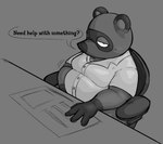 anthro clothed clothing dialogue furniture half-closed_eyes looking_at_viewer male moobs narrowed_eyes overweight overweight_anthro overweight_male solo table talking_to_viewer text locitony animal_crossing nintendo tom_nook_(animal_crossing) canid canine mammal raccoon_dog tanuki 2023 english_text greyscale hi_res monochrome