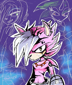anthro chest_tattoo clothed clothing facial_tattoo hair looking_at_viewer male mouth_closed pink_body pink_eyes pink_skin solo_focus tattoo text topless topless_male white_hair yellow_eyes gunner_double_one sega sonic_the_hedgehog_(series) callipso fan_character gunner_double_one_(character) eulipotyphlan hedgehog mammal digital_media_(artwork) low_res oekaki signature source_request
