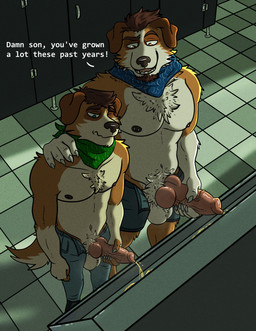 age_difference animal_genitalia animal_penis anthro anthro_on_anthro areola arm_around_shoulders ball_size_difference balls barbell_piercing bathroom beard belly biceps big_balls big_knot big_penis bodily_fluids bottomwear canine_genitalia canine_penis claws clothed clothing compliment dark denim denim_bottomwear denim_clothing dialogue duo erection eyebrows facial_hair frown fur genital_fluids genitals hair hand_on_shoulder high-angle_view holding_own_penis holding_penis inside jeans kerchief knot knotted_penis larger_male looking_at_another looking_at_genitalia looking_at_penis male male/male mature_anthro mature_male muscular muscular_anthro muscular_male narrowed_eyes navel neckerchief neckwear nipple_barbell nipple_piercing nipples older_male one_eye_closed pants partially_clothed pecs peeing peeing_together peeing_while_erect penis penis_size_difference piercing profanity public_restroom sheath shorts size_difference smaller_male smile standing stated_incest talking_to_another text thick_penis toilet_use topless topless_anthro topless_male tuft unzipped urinal urinal_peeking urine urine_stream vein watersports younger_male zipper hyenainfected canid canine canis domestic_dog mammal 2026 absurd_res english_text hi_res father_(lore) father_and_child_(lore) father_and_son_(lore) incest_(lore) parent_(lore) parent_and_child_(lore) parent_and_son_(lore) son_(lore)