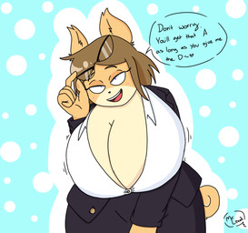 anthro bedroom_eyes big_breasts breasts brown_hair cleavage clothed clothing countershade_face countershading dialogue dotted_background eyelashes eyewear female fur glasses hair heart_symbol huge_breasts innuendo looking_at_viewer motion_lines narrowed_eyes open_mouth open_smile pattern_background seductive simple_background smile solo speech_bubble tail tan_body tan_fur teacher text tilde_after_text mr.lewd june_(jinu) canid canine canis domestic_dog mammal shiba_inu spitz 2019 digital_drawing_(artwork) digital_media_(artwork) english_description english_text portrait signature three-quarter_portrait