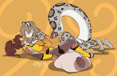 anthro anthro_on_anthro biped breasts butt claws clothed clothed_anthro clothed_female clothing duo eye_contact feet female female/female fingers fur hair hypnosis inner_ear_fluff looking_at_another lying mind_control on_back on_front simple_background smile spots tail teeth toes tuft kittydee alexandra_(baronvondrachen) jenny_(ashkelling) felid feline mammal 2026 digital_drawing_(artwork) digital_media_(artwork)