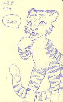 4_fingers anthro cheek_tuft dialogue facial_markings facial_tuft female fingers forehead_markings genitals gesture hand_gesture head_markings looking_at_viewer markings nude pointing pointing_at_self simple_background solo standing stripes talking_to_viewer text tuft vulva white_background young young_anthro young_female sogaroth felid mammal pantherine tiger 2021 blue_and_white english_text guide_lines hi_res monochrome traditional_media_(artwork)