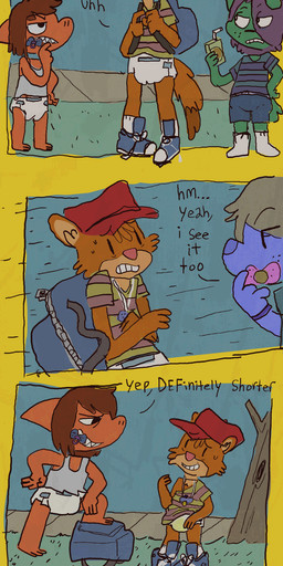 age_regression anthro backpack blue_body blue_fur bodily_fluids bottomwear brown_body brown_fur brown_hair clothing dialogue diaper female footwear fur genital_fluids green_body green_fur group hair hat headgear headwear humiliation knock-kneed male pacifier park plant purple_hair sharp_teeth shirt shoes shorts shrinking sidewalk size_difference size_transformation t-shirt tank_top teeth text topwear transformation tree unclean_diaper urine used_diaper wet_diaper wetting young young_anthro cate_wurtz mammal mustelid musteline true_musteline weasel absurd_res comic english_text hi_res long_image tall_image