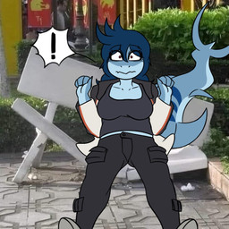 anthro bench black_bottomwear black_clothing black_pants black_shirt black_topwear blue_body blue_hair bottomwear breasts broken_bench clothed clothed_anthro clothed_female clothing day eyebrow_through_hair eyebrows female fin fingers front_view hair humanoid_hands long_hair long_tail markings non-mammal_breasts outside pants photo_background plant raised_eyebrows red_eyes shirt shocked shrub sitting solo striped_markings stripes surprised tail tail_fin topwear translucent translucent_hair hyuvevo valerie_(mellowcapsaicin) aquatic fish mackerel_shark megalodon prehistoric_species shark 1:1 colored full-length_portrait photography_(artwork) portrait