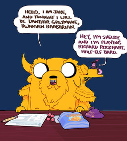 anthro bag beard clothed clothing duo eyebrows facial_hair feral fur furniture hat headgear headwear horn male nipples open_mouth roleplay speech_bubble table teeth text toony topwear discount-supervillain adventure_time cartoon_network dungeons_and_dragons hasbro wizards_of_the_coast jake_the_dog shelby_(adventure_time) annelid canid canine canis domestic_dog earthworm mammal worm alpha_channel character_name digital_media_(artwork)